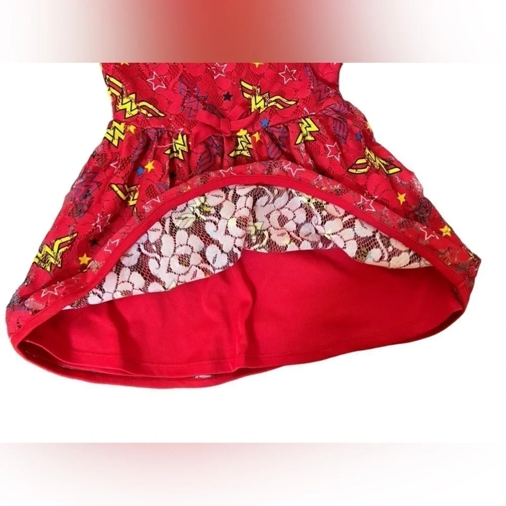 Dress Wonder Woman superhero red with WW logo lined top layer lace 4T/5T